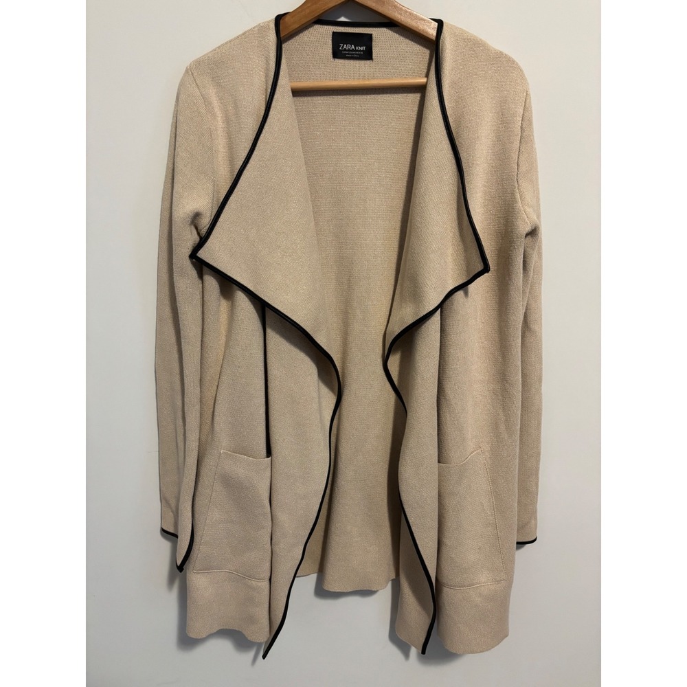 Zara Knit Womens Beige Waterfall Open Front Cardigan Black Trim Size M